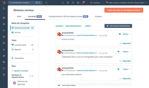 Tableau de bord de suivi des activités, des mentions et des commentaires social media