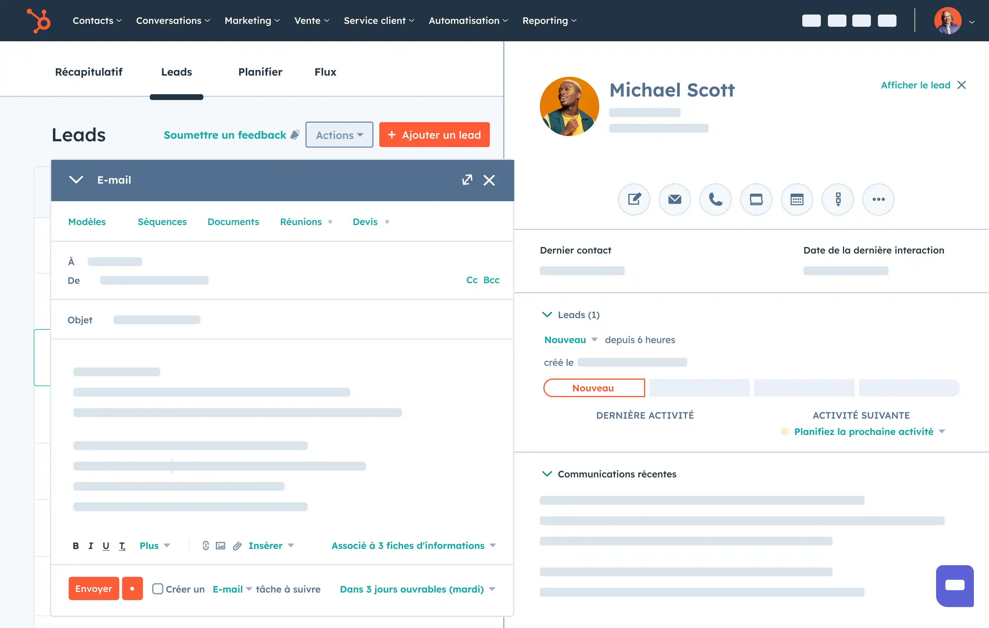 Espace de travail de prospection de HubSpot montrant la fonctionnalité d'e-mails.