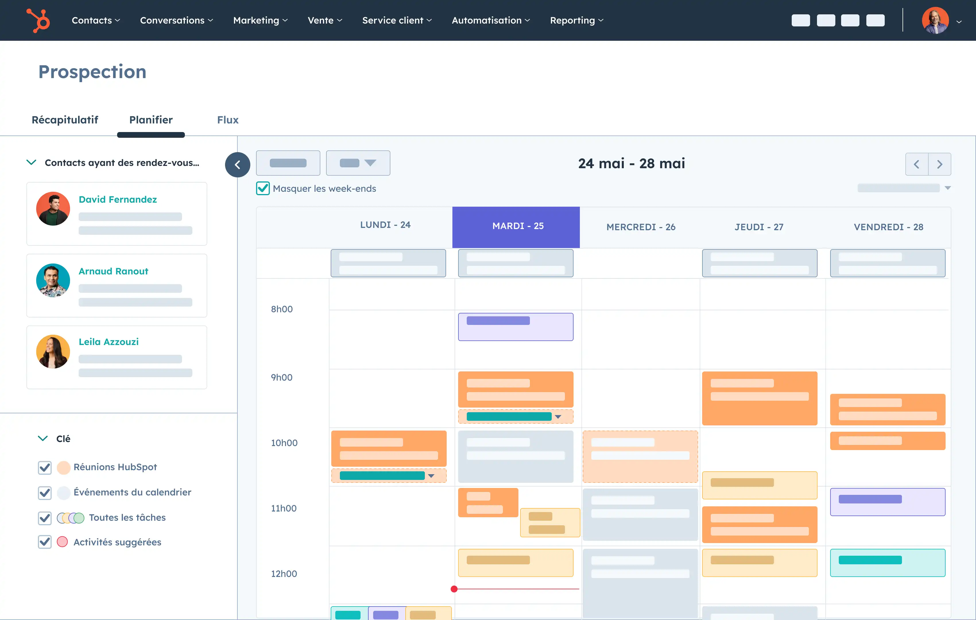 Espace de travail de prospection de HubSpot montrant la fonctionnalité calendrier