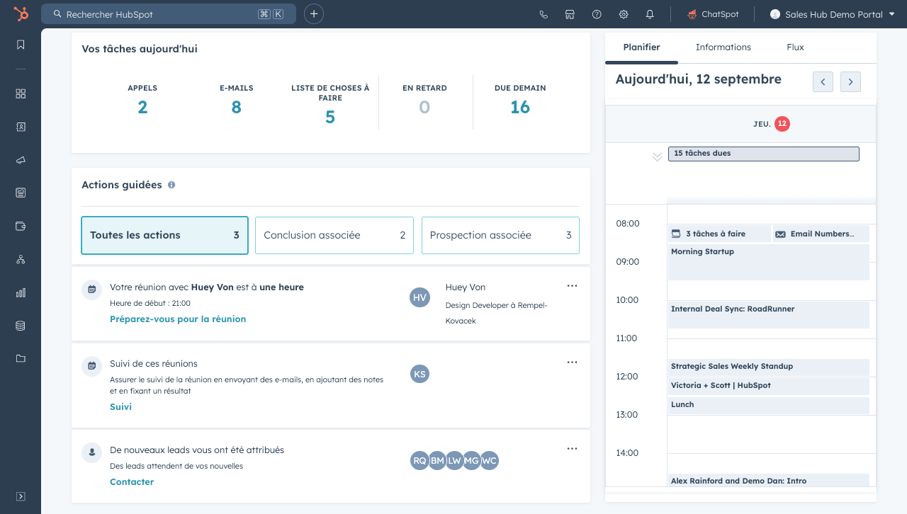 Le nouvel outil de vente guidée du Sales Hub facilite le suivi des leads grâce aux modèles d'e-mail, aux documents, aux réunions et aux devis intégrés. Suivi de la phase du lead, communications récentes et informations sur le lead.